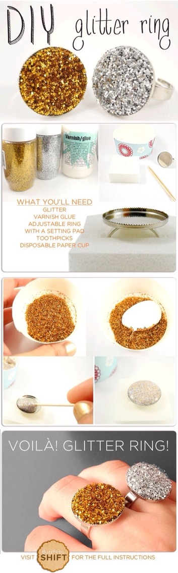 Glitter Rings (You can use the same method to create earrings and necklace pendants)

Full instructions here:
http://bywilma.com/2012/08/05/diy-washer-necklace/