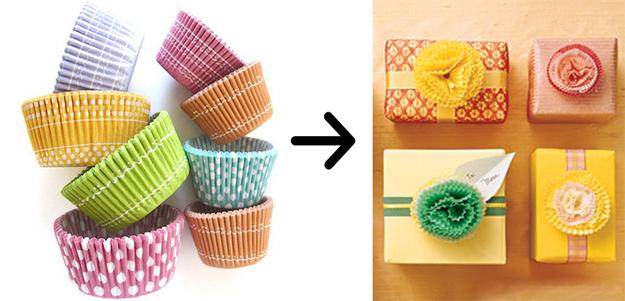Use cupcake liners to make flower toppers for your gifts: