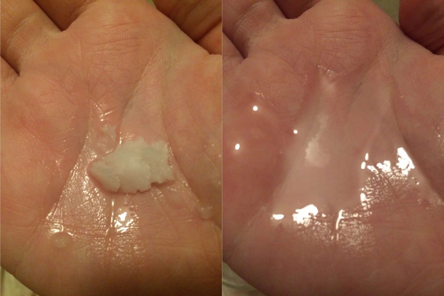 Comes in a hard/ buttery form & melts with the heat of your palms.