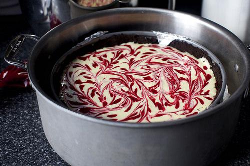 Bake cake: Set cake pan inside a large, shallow roasting pan — I set mine inside a 12-inch round saucepan. Transfer to oven. Carefully pour ladle boiling water into roasting pan to reach halfway up sides of cake pan. Bake until cake is set but still slightly wobbly in center, 60 to 65 minutes.