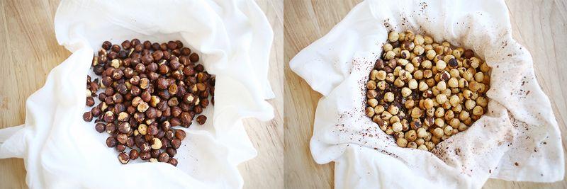 Allow the nuts to cool for five minutes, then transfer them to a thin dish/hand towel to remove the outer shell. It's possible that this process will stain the towel a bit, so don't use your favorite one. Wrap the warm hazelnuts in the middle of the towel, and while you hold the top closed with one 