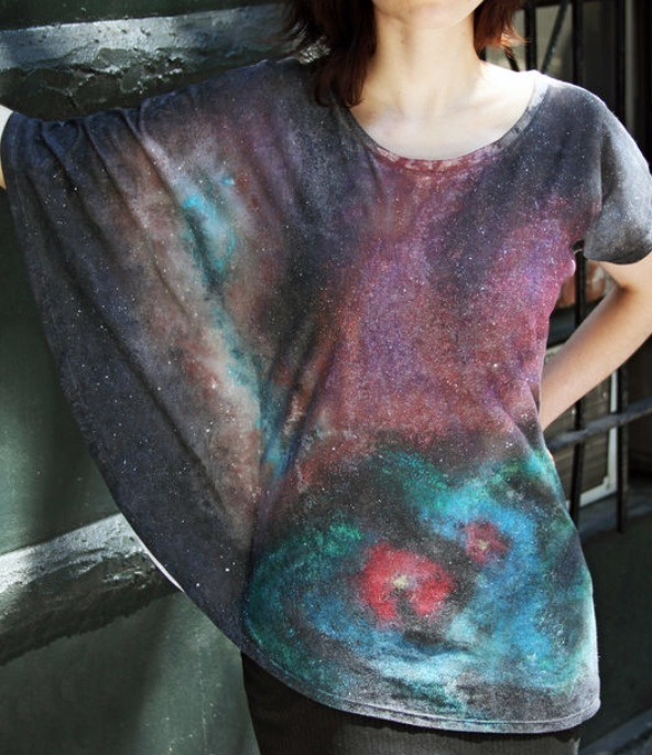 GALAXY SHIRT

white T-Shirt
Fabric Paint
Sponges
wax paper
old toothbrush
craft stick (or disposable wooden chopstick)
plastic bags or other dropcloth to protect your surface
cardboard & tape
scissors
