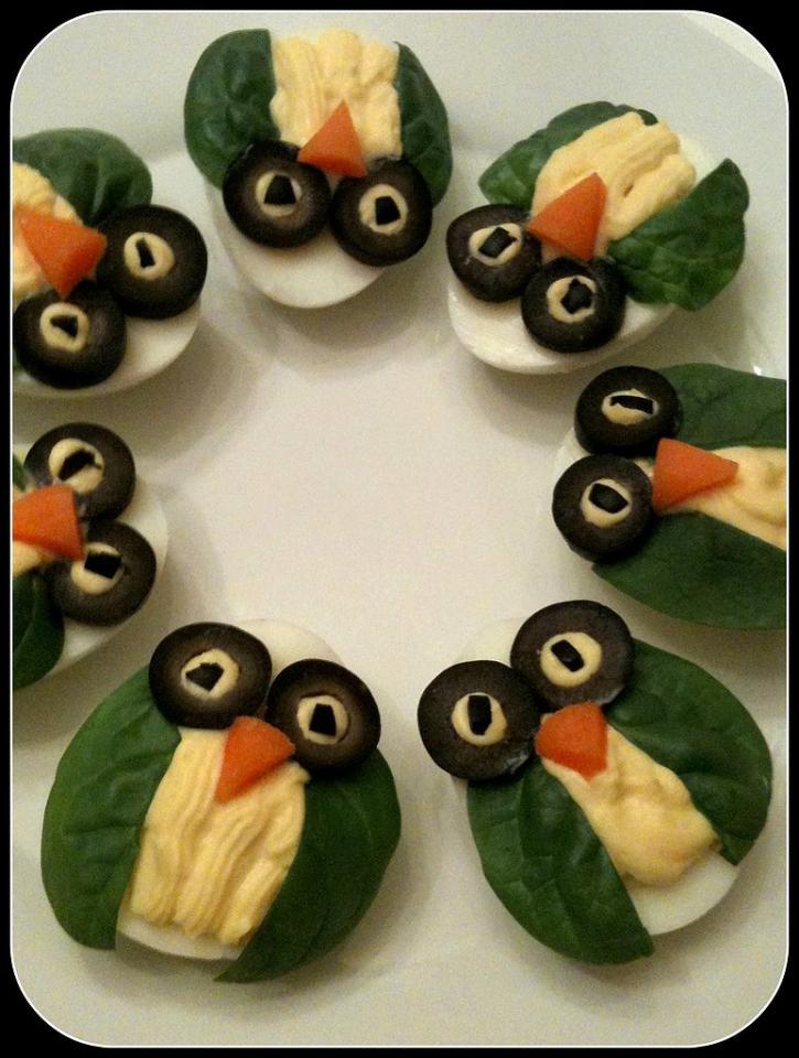 Devilish Owls
For a cute, protein-packed snack, whip up some deviled-egg owls.