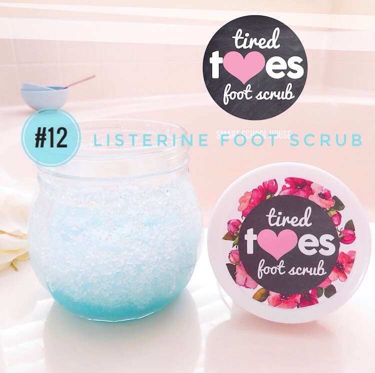 INGREDIENTS | 

(+) Epsom salt 
(+) Cool Mint Listerine
(+) A pretty little jar 
Simply combine:

2 cups of epsom salt and
1/4 cup of Listerine

Epsom salt reduces stress, relaxes the body + helps you gain energy. Plus, epsom salt will exfoliate dead skin + helps remove foot odor. Not that your feet stink! Mine don’t either! 
The Listerine will kill germs, leave a fresh scent on your skin + leave your toes feeling tingly clean. Trust me, it’s addicting…
