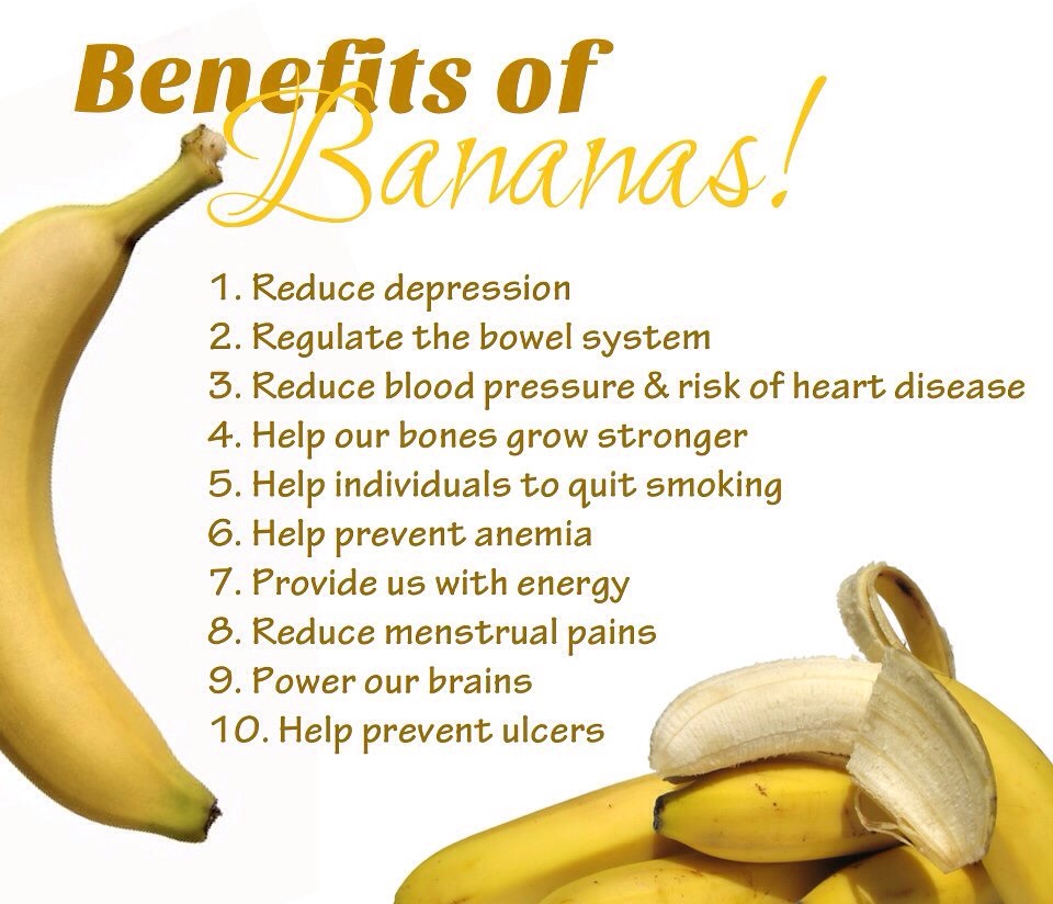 5. 	Improve your mood and reduce PMS symptoms by eating a banana, 	
	which regulates blood sugar and produces stress-relieving relaxation
6. 	Bananas reduce swelling, protect against type II diabetes, aid weight 
	loss, strengthen the nervous system, and aid with the production of white blood cells.