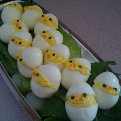 Hard boiled egg, minced olive, and carrot 