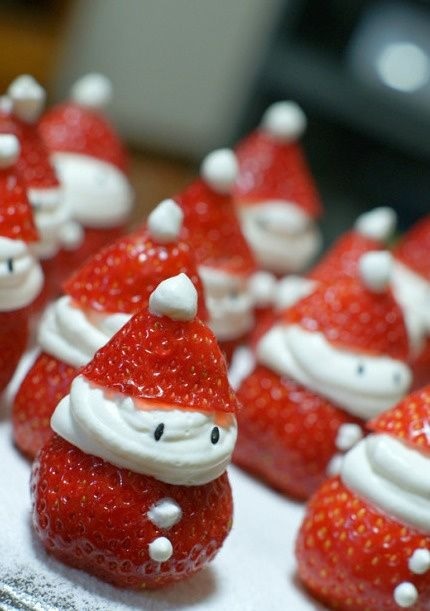 Another strawberry recipe, perfect for those who are wanting a healthier treat this season! Cut the tips of the strawberries off to use as hats. Use whipped cream as the glue to hold the two halves together and put small dots on the bottom part of the strawberry to make buttons. No baking needed! 🎅