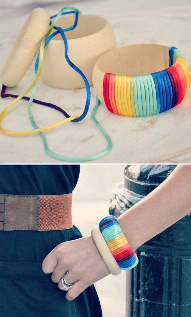 Wrapped Ombré Cuff

Full instructions here:
http://www.loveumadly.com/2012/08/diy-bangle-no-tools-needed/