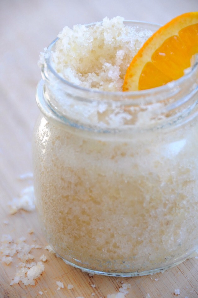 Almond orange scrub
It sounds lovely and is even more so for your skin! 
Ingredients:
1 handful almonds
1 orange peel
1 cup oil (olive or grapeseed)
Directions:
Blitz all ingredients together in a blender/food processor
Apply to body and massage into skin
Rinse