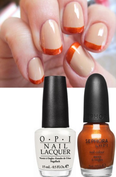 19. Harvest French Tips
Get full directions at: harpersbazaar.com.
You can place scotch tape over the nail, leaving a little gap to paint a straight French tip, or, even use a band aid for a more curved look. Don't want to waste your band aids? Use a rubber band! The possibilities are endless! 