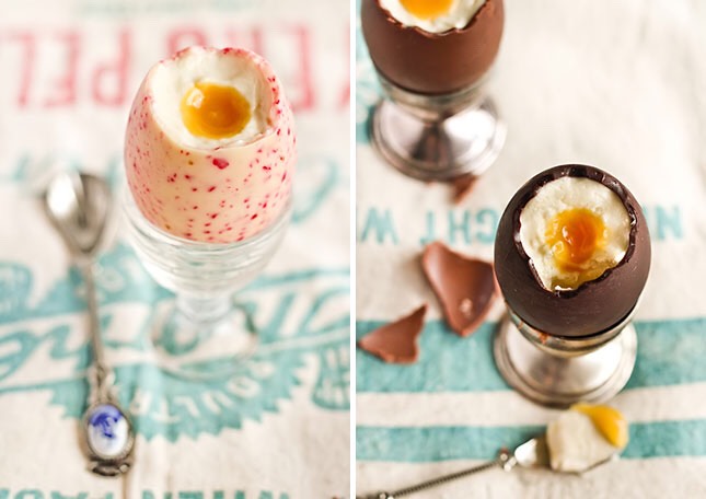 13. Cheesecake Filled Chocolate Easter Eggs: Okay, okay. One last form of oval-shaped trickery. This time tricked out with cheesecake. No, but seriously, palm-sized cheesecakes. I know, your minds are blown. Deep breaths. (via Raspberri Cupcakes)