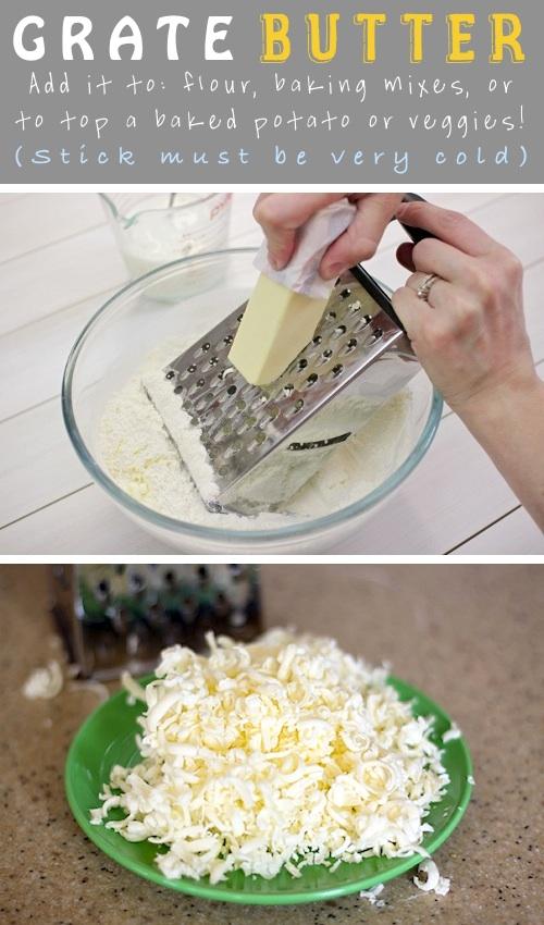 1. Grate Cold Butter
The stick of butter has to be close to frozen for it to work, and you must work fast to keep it from melting, but the grated butter is perfect for adding to flour before baking biscuits, scones, muffins, etc.. It also makes the butter melt much faster.