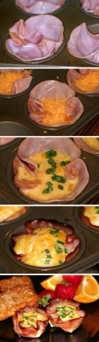 Hearty breakfast cups. Just add ham into a cupcake sheet, add cheese, one egg per cup and you can add any herbs or seasoning you like on top.

