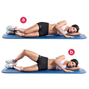 Clams Lie on your left side on the floor with your hips and knees bent 45 degrees Your right leg should be on top of your left leg and your heels should be stacked together. Keeping your feet in contact with each other, raise your right knee as high as you can without moving your pelvis.30 reps.