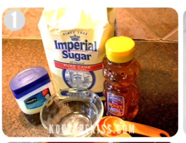 Ingredients:
Mixing bowl
spoon to mix with
Tablespoon
Teaspoon
Honey
Granulated sugar
Vaseline
Chapstick