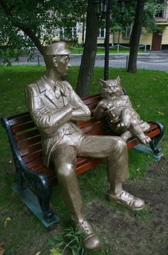 Koroviev and Behemoth statues in Moscow, Russia.
 
These statues are based of Mikhail Bulgakov's famous novel, Master and Margerita, which was written during the Soviet Union and banned as well. 