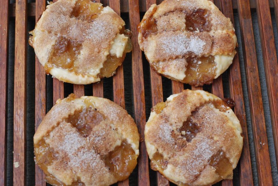 Beat your egg and with a pastry brush then brush the egg over the top of the lattice pastry strips.
Sprinkle with cinnamon sugar and some nutmeg.