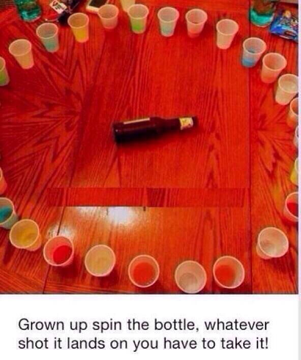 Different version of spin the bottle. Spin the bottle and what ever drink it lands on you have to drink it! If you are 21 or over you can do this with alcohol!