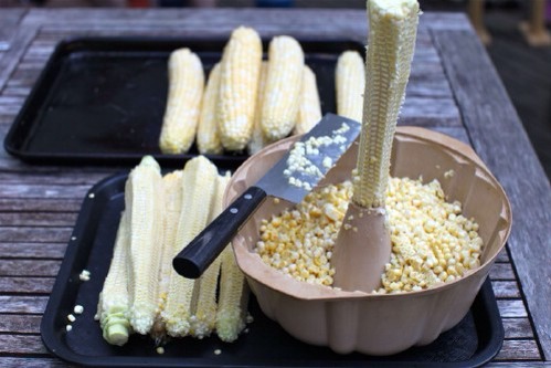 Use a bunt cake pan to cut corn off the cob 