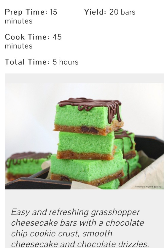 Grasshopper Cheesecake Bars; Great For St. Patrick's Day Celebration. 