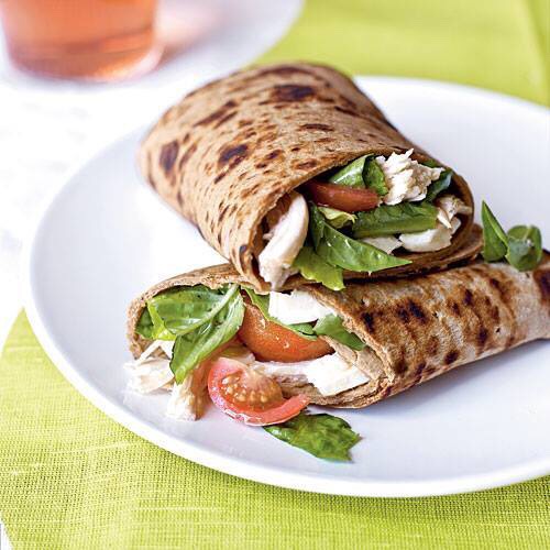 Wheat tortilla wrap 
Spinach/lettuce 
Tomato 
Mozzarella cheese 
Light caesar dressing