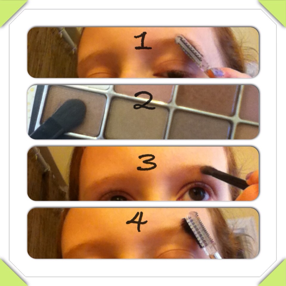 Brush eyebrows with eyebrow brush. Lightly fill in eyebrows with a slightly darker color powder or eyeshadow . Brush eyebrows to spread the powder evenly.