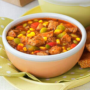 Brunswick Stew
For an on-the-go lunch, you may want to substitute whole-grain crackers for the bread.
Prep Tip: Our little secret here is combining fresh and frozen vegetables for one hearty stew.