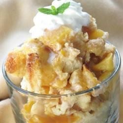 Peachy bread pudding with caramel sauce