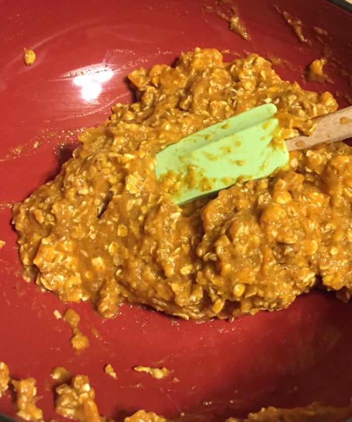 Directions:
In a bowl, combine oats, ginger, nutmeg, cinnamon, and sugar.  In a small bowl, beat egg and vanilla together.  Add to oatmeal mixture, thoroughly combine.  Add pumpkin to egg and oatmeal mixture, thoroughly combine.  Let sit 5 minutes.
