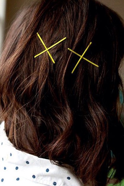 Bobby pins are so light you can use them anywhere without weighing down the hair. Try placing criss-cross shapes anywhere you please.

