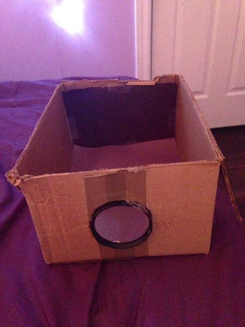 Steps:
1. Take the magnifying glass and remove the stick so it only lefts the lens.
2. On the box, trace a circle with the Sharpie and the lens and cut it.
3. Stick or glue the lens in the hole you made and make sure it won't move.