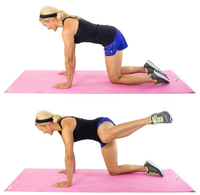 Fire hydrant :Start on your hands and knees then raise your right knee off the ground and bring it toward your chest, keeping your back flat Keeping your right knee bent raise your thigh out to the side without moving your hips Slowly lower back to start Do 20 then repeat on the other side.