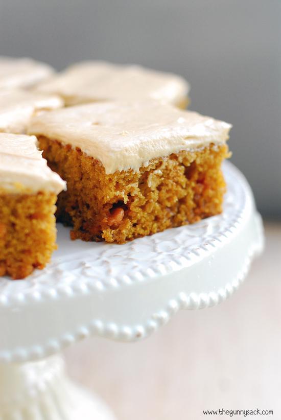 Instructions
Mix together pumpkin, eggs and oil until combined.
Add flour, baking powder, baking soda, salt, cinnamon, ginger, cloves, brown sugar, white sugar and mix well.
Stir in butterscotch chips and pour into a greased jelly roll pan (mine measures 16 x 12 x 1).
Bake at 350 degrees for 23-27 m