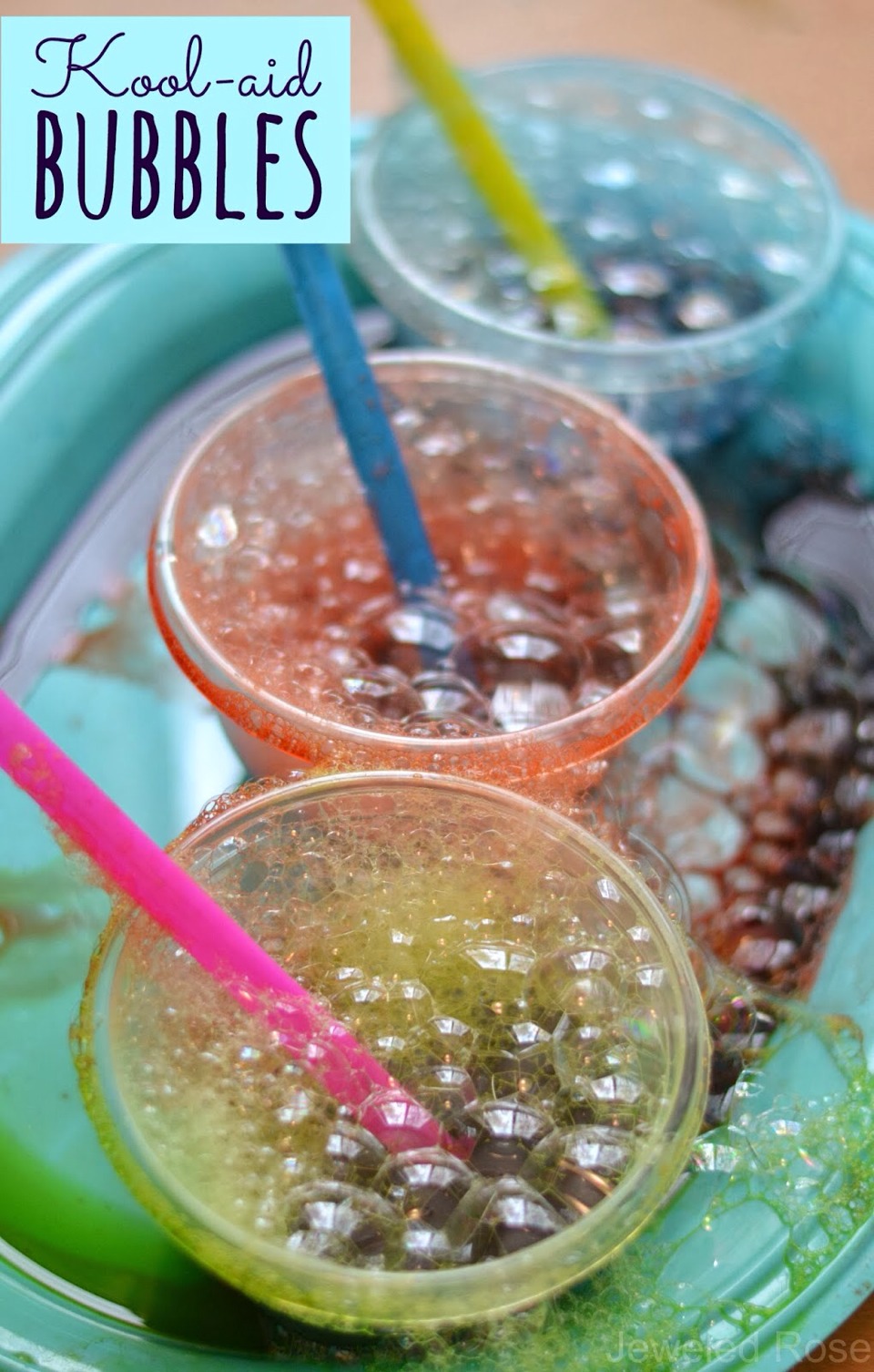 Kool aid bubbles:      all you need to do is add water, a hefty squirt of dish soap and a kool aid packet! 