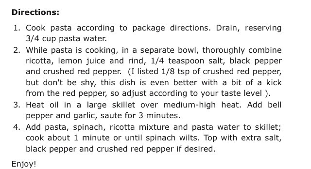 Lemon Ricotta Pasta w/Spinach and Red Pepper
