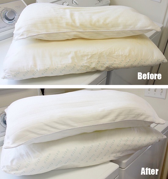 12. Cleaning pillows

Did you know the yellowing on your pillow is from sweat? I know gross. We'll you put your pillow in the washer! You can add bleach or even your own laundry whitener.