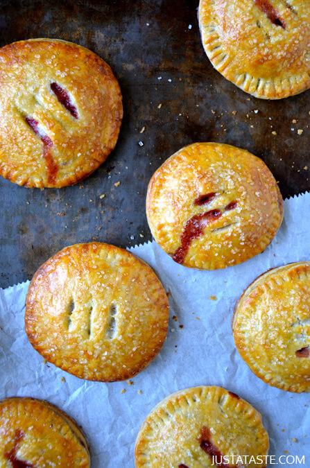 For the dough:
2 cups all-purpose flour
1/2 teaspoon salt
1/2 teaspoon baking powder
1 cup (2 sticks) cold unsalted butter, cut into cubes
1/2 cup cold sour cream

For the filling:
3/4 cup Nutella
2 cups diced strawberries
2 teaspoons all-purpose flour
1 large egg
Crystal sanding sugar