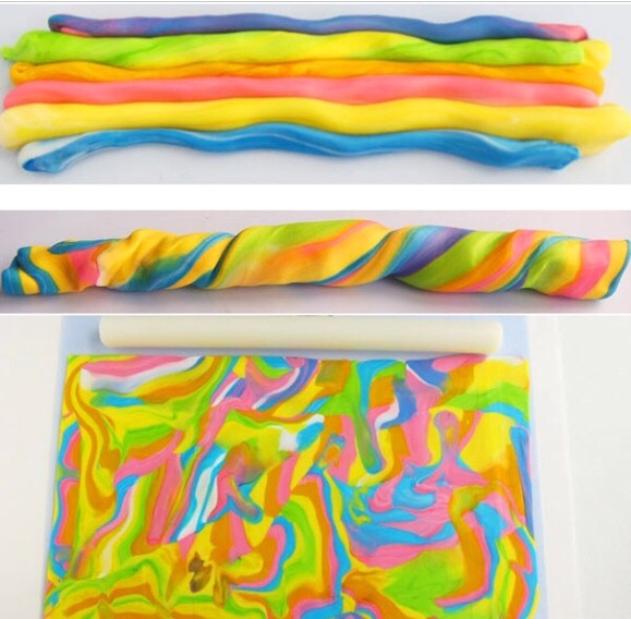 To make the tie dye effect take take fondant and twist the different colors then roll out