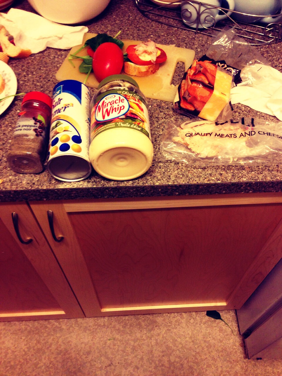 Mayonnaise 
Salt
Pepper
Cheddar  cheese 
Any meat