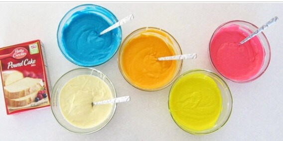 Start by mixing cake mix, and separating it into several bowls and mix in food coloring, you can use whatever colors you want, using a different color palate would be just as easy!