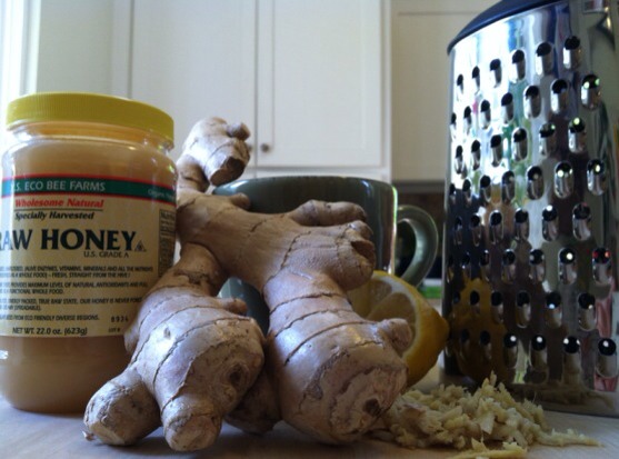 * Grate 2 teaspoons of ginger
* Boil 2 cups of water
* Put the grated ginger into the boiling water
* Let steep for 10 minutes or so
* Strain water and ginger mixture into a large mug (use a fine mesh strainer if you have one)
* Add fresh lemon juice and honey (or another sweetener of your choice)