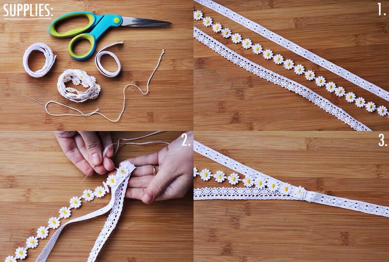 1. measure your head from ear to ear (just below the ear) over the crown of your head. This will be the visible part of your headband. Cut three pieces of lace this length. 2. Stitch these three pieces together on each end and add a 10 inch piece of lace to each side (for tying under hair)