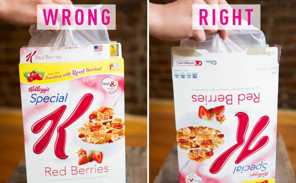 2. You open new cereal from the top of the bag. Cereal settles. Flip the bag (or the entire box) before you open it to redistribute any clusters or larger pieces. Bonus: You won't be stuck with a bowl full of crumbs when you reach the bottom of the bag.