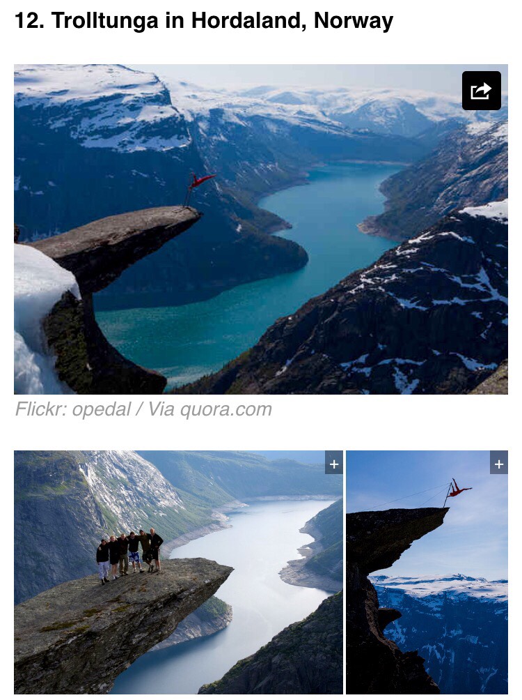 Trolltunga is a piece of rock that hangs out of the mountain about 2,000 feet up in the air. The Troll's Tongue (translation in English) is available to hikers from mid-June to about mid-September.