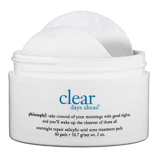 3.If you're heading on vacation this summer, make sure you pack these acne treatment pads in your makeup bag.Meant to be used before you go to bed,this 1step treatment is formulated with salicylic acid to help you wake up w/clearer skin. 
Philosophy Clear Days Ahead Overnight Repair,$39, Sephora.com