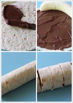 Directions:
* 1. Place tortilla on a cutting board and spread with Nutella.
* 2.Peel banana and lay in on the edge of the tortilla. 
* 3. Roll banana in tortilla.              
* 4. Slice into rounds and arrange on a plate with the cut edge facing up.      

