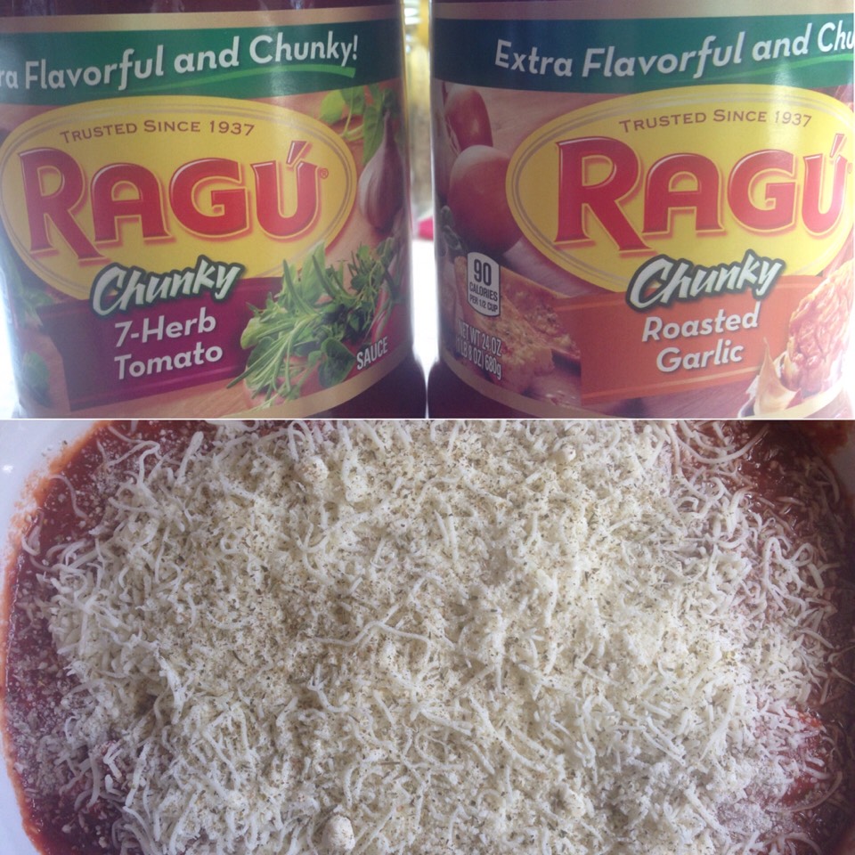 Add sauce and top with remaining cheese and desired amount of parmesan and more Italian seasoning.