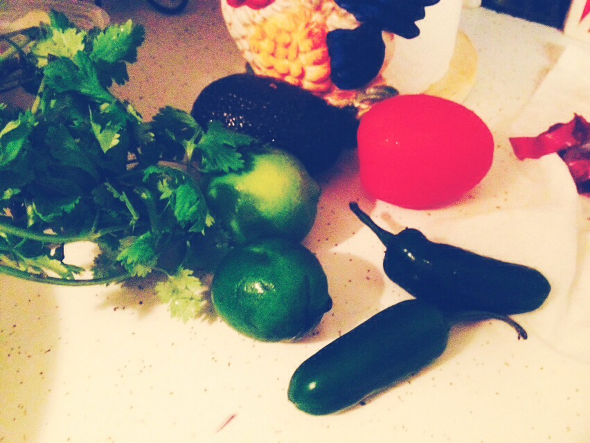 About a palm full of cilantro, 2 limes that r juicy, 1-2 tomatoes, 1-2 avocado's, 1-2 jalapeños if you dont like spicy foods then just add 1 