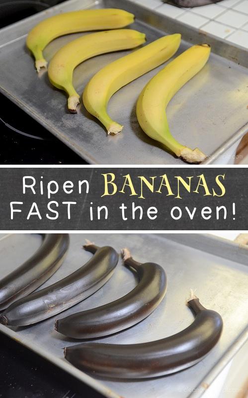 33. Ripen Bananas Quickly
Just in case you’re making banana bread or any other recipe that requires ripe bananas, here is a trick that will have them ripe in less than an hour. The black looks awfully scary, but if you take a peek inside of the peel, you’ll see that they are just right for baking.