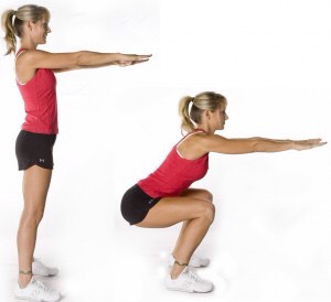• 10 squats
(Targets the legs, quads, and glutes)